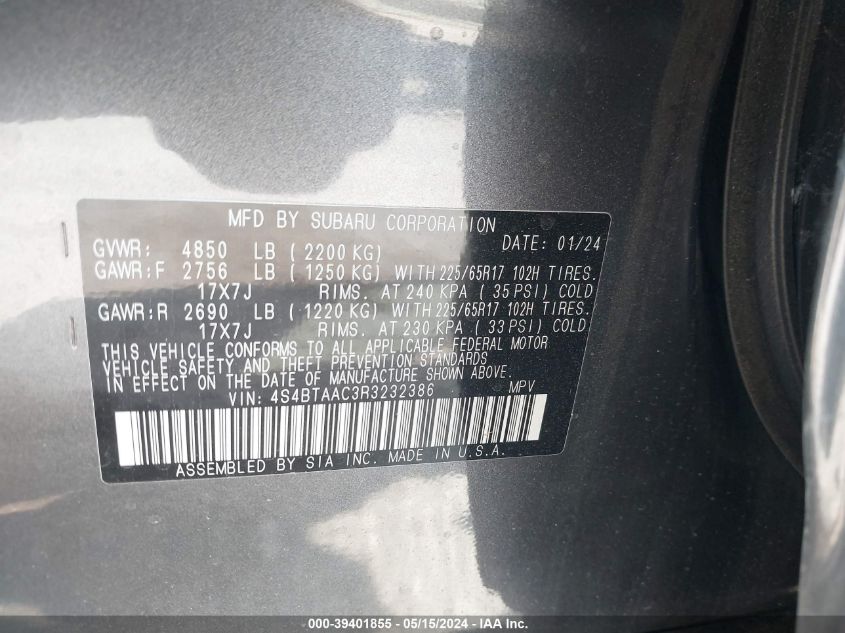 2024 Subaru Outback VIN: 4S4BTAAC3R3232386 Lot: 39401855