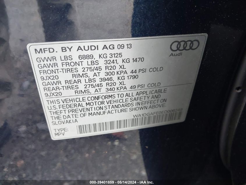 2014 Audi Q7 3.0T S Line Prestige VIN: WA1DGAFE0ED006249 Lot: 39401859