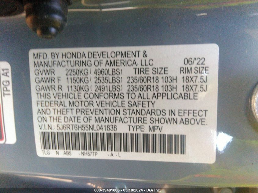 2022 Honda Cr-V Hybrid Ex VIN: 5J6RT6H55NL041838 Lot: 39401865