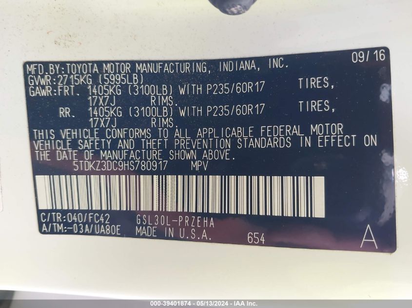 2017 Toyota Sienna Le 8 Passenger VIN: 5TDKZ3DC9HS780917 Lot: 39401874