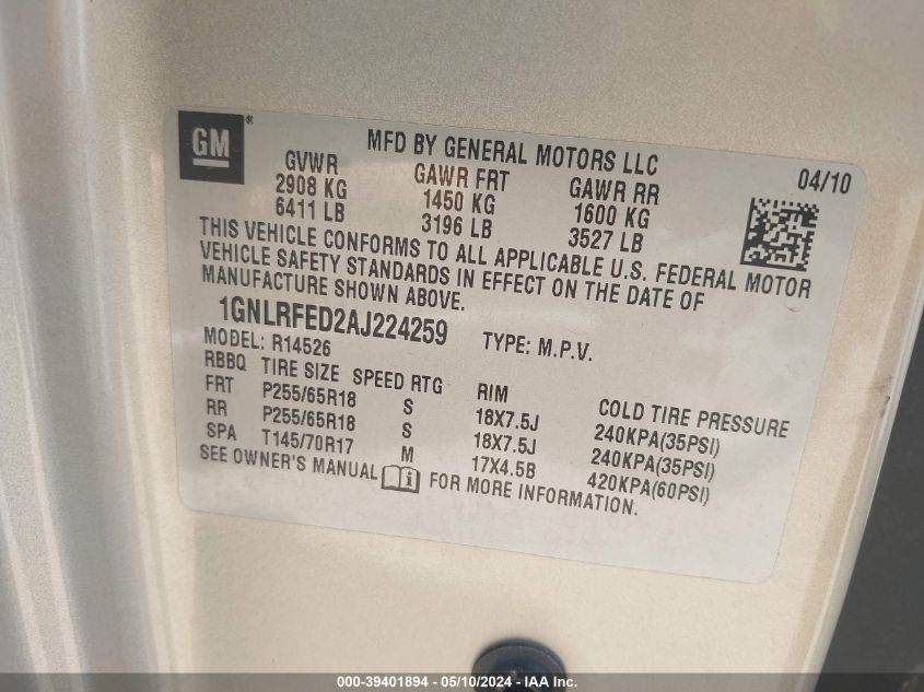 2010 Chevrolet Traverse Lt VIN: 1GNLRFED2AJ224259 Lot: 39401894