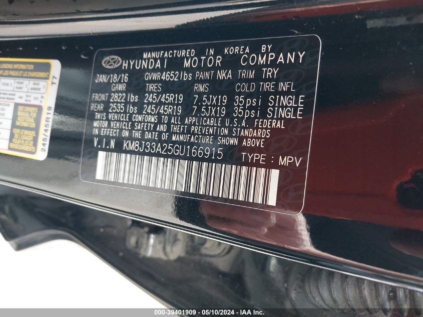 2016 Hyundai Tucson Limited VIN: KM8J33A25GU166915 Lot: 39401909