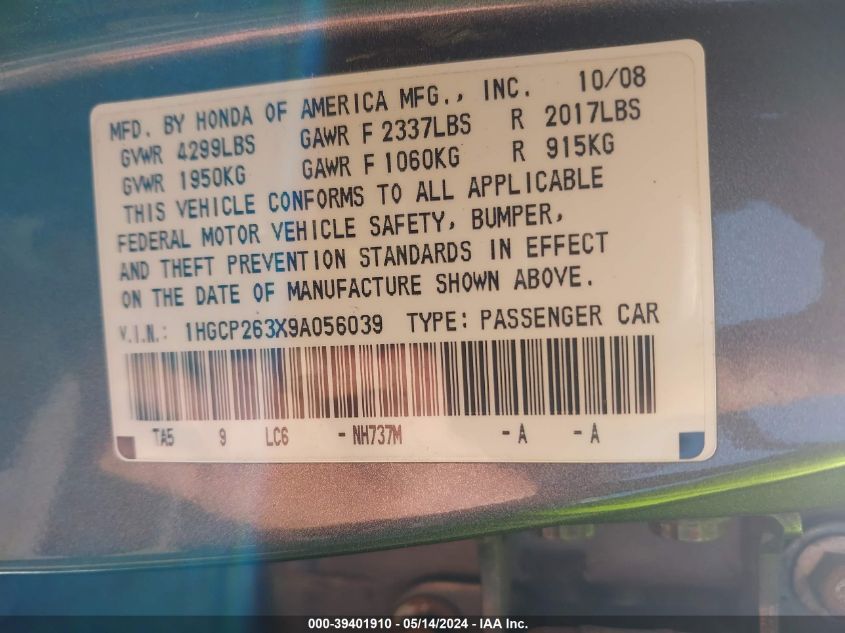 2009 Honda Accord 2.4 Lx VIN: 1HGCP263X9A056039 Lot: 39401910