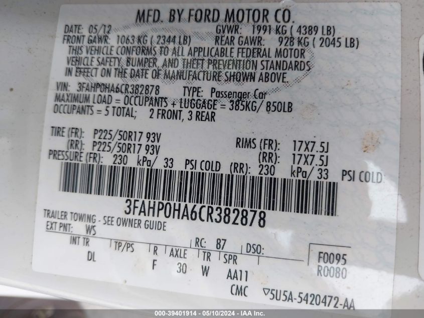 2012 Ford Fusion Se VIN: 3FAHP0HA6CR382878 Lot: 39401914