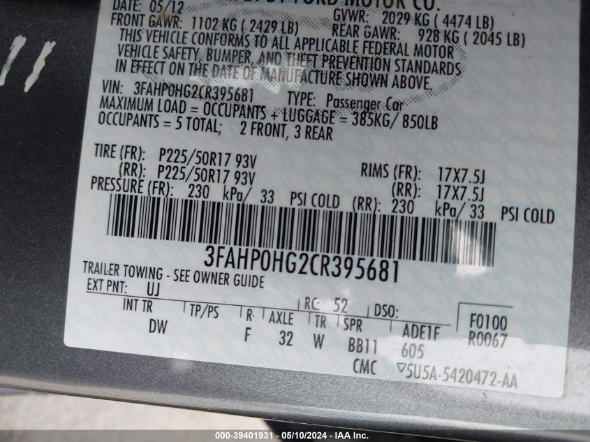2012 Ford Fusion Se VIN: 3FAHP0HG2CR395681 Lot: 39401931