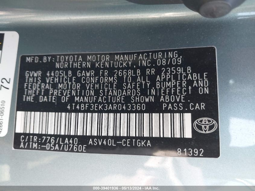 2010 Toyota Camry Xle VIN: 4T4BF3EK3AR043360 Lot: 39401936