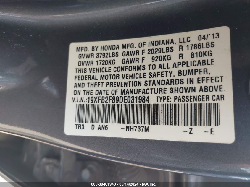 2013 HONDA CIVIC EX - 19XFB2F89DE031984