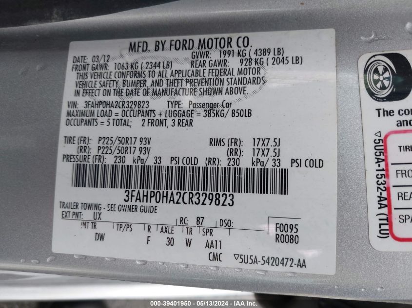 2012 Ford Fusion Se VIN: 3FAHP0HA2CR329823 Lot: 39401950