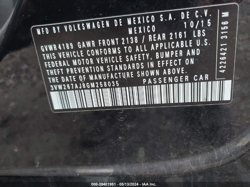 2016 Volkswagen Jetta 1.4T S VIN: 3VW267AJ8GM258035 Lot: 39401951