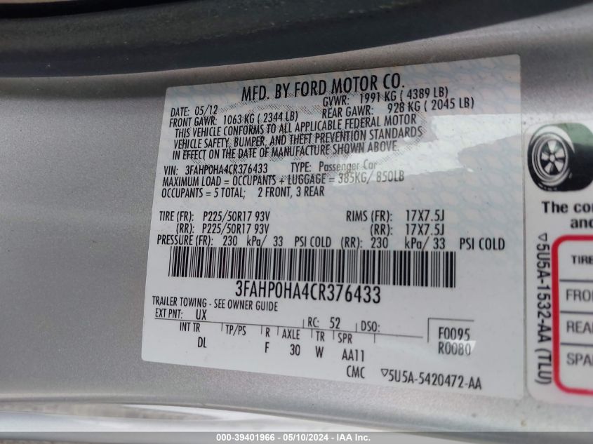 2012 Ford Fusion Se VIN: 3FAHP0HA4CR376433 Lot: 39401966