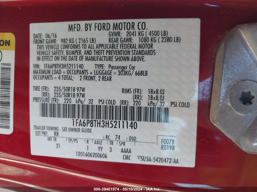 2017 FORD MUSTANG ECOBOOST - 1FA6P8TH3H5211140