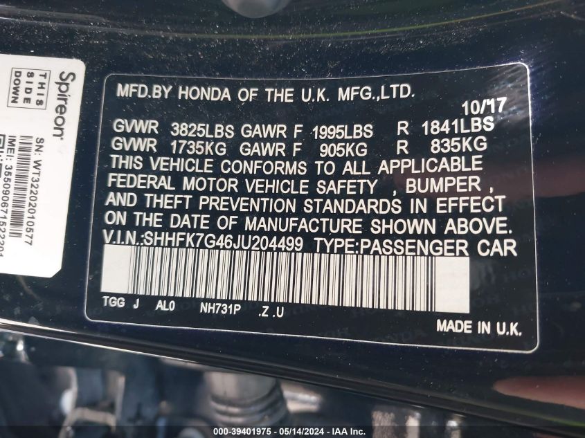 2018 Honda Civic Sport VIN: SHHFK7G46JU204499 Lot: 39401975