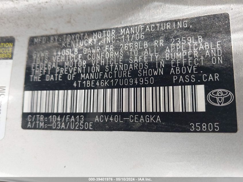 2007 Toyota Camry Xle VIN: 4T1BE46K17U094950 Lot: 39401976