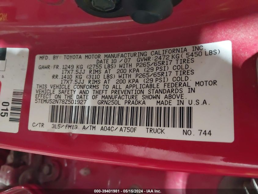 2008 Toyota Tacoma Base V6 VIN: 5TEMU52N78Z501927 Lot: 39401981