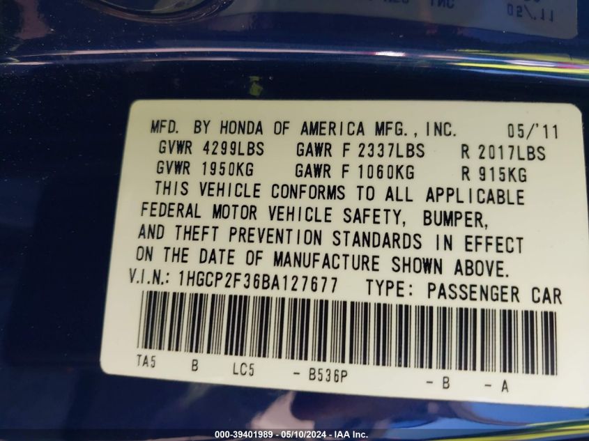 2011 Honda Accord 2.4 Lx VIN: 1HGCP2F36BA127677 Lot: 39401989