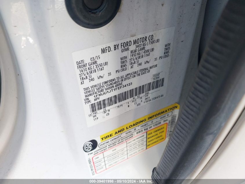 2015 Ford Expedition Xlt VIN: 1FMJU1JT1FEF34123 Lot: 39401998