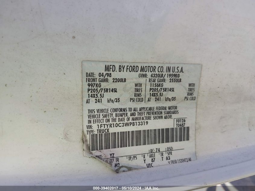 1998 Ford Ranger Splash/Xl/Xlt VIN: 1FTYR10C3WPB13319 Lot: 39402017