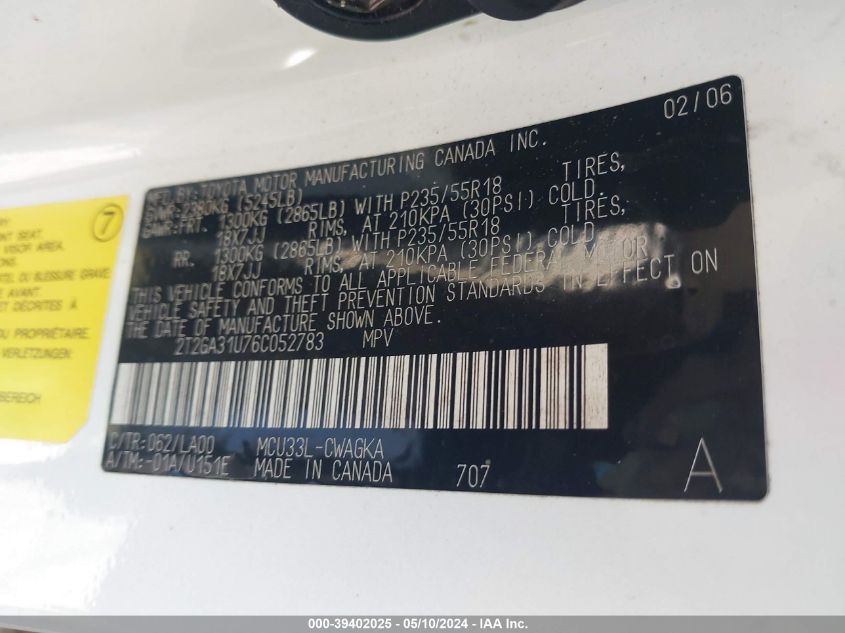 2006 Lexus Rx 330 VIN: 2T2GA31U76C052783 Lot: 39402025