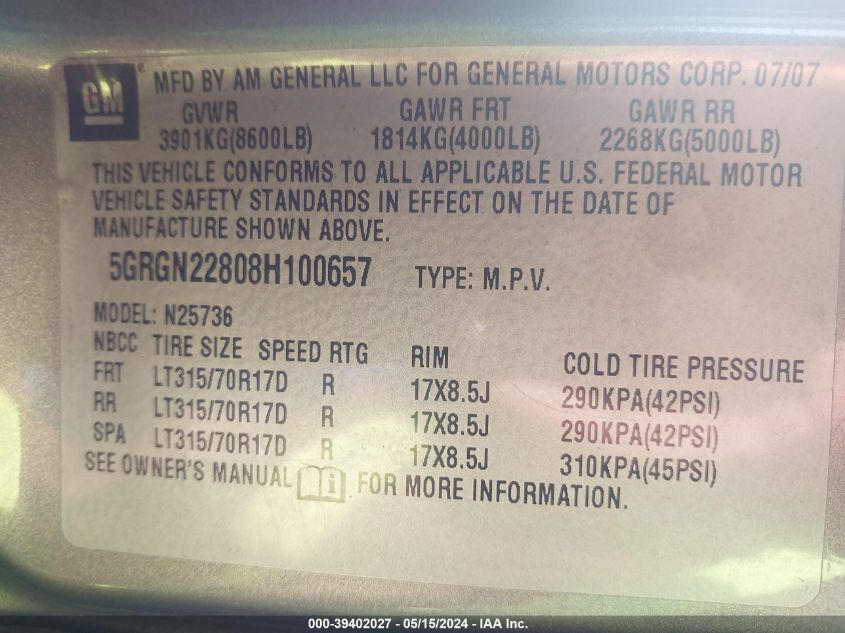 2008 Hummer H2 Sut VIN: 5GRGN22808H100657 Lot: 39402027