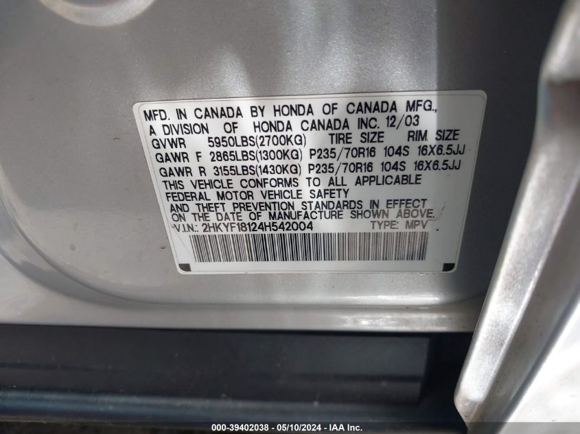 2004 Honda Pilot Lx VIN: 2HKYF18124H542004 Lot: 39402038