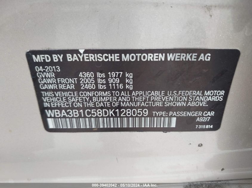 2013 BMW 320I VIN: WBA3B1C58DK128059 Lot: 39402042