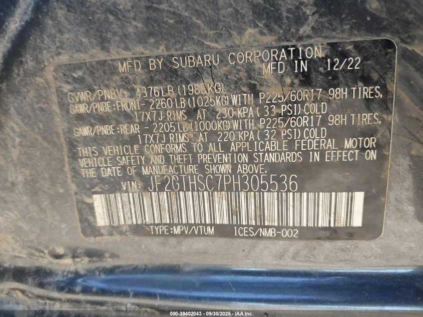 2023 Subaru Crosstrek Sport VIN: JF2GTHSC7PH305536 Lot: 39402043