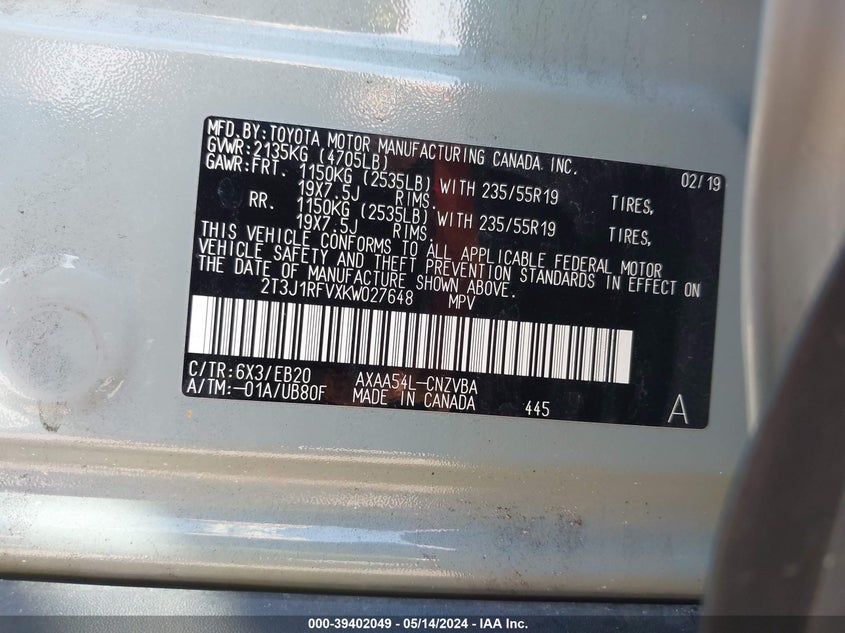 VIN 2T3J1RFVXKW027648 2019 TOYOTA RAV4 ADVENTURE