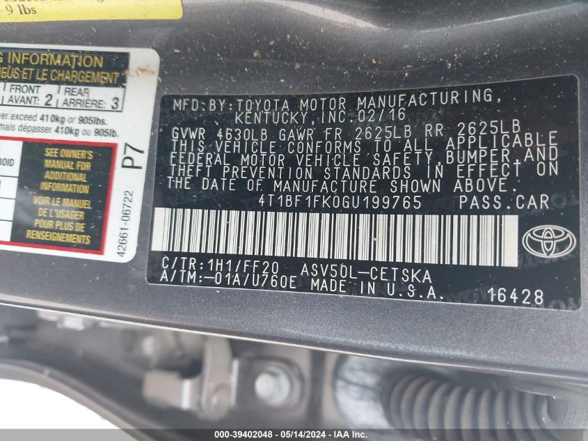 2016 Toyota Camry Se VIN: 4T1BF1FK0GU199765 Lot: 39402048