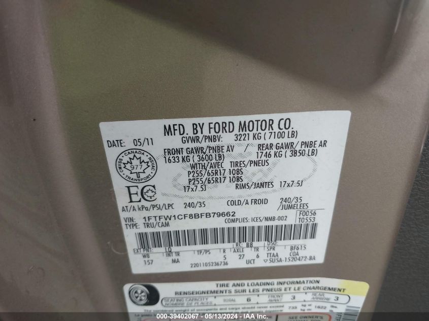 2011 Ford F-150 Xlt VIN: 1FTFW1CF8BFB79662 Lot: 39402067