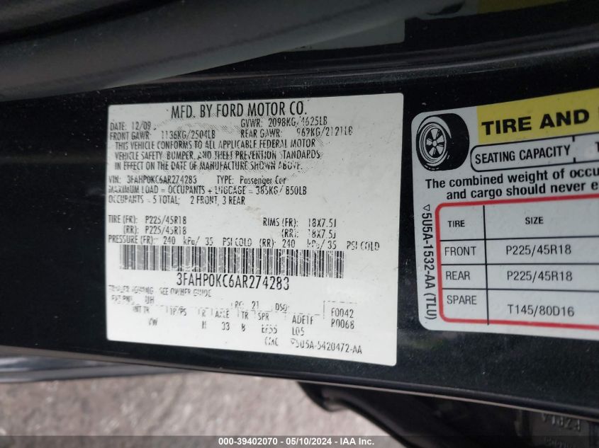 2010 Ford Fusion Sport VIN: 3FAHP0KC6AR274283 Lot: 39402070