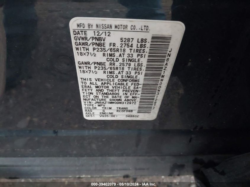 2013 Nissan Murano Sl VIN: JN8AZ1MW0DW312972 Lot: 39402079