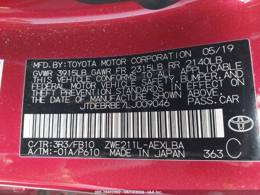 2020 Toyota Corolla Hybrid Le VIN: JTDEBRBE7LJ009046 Lot: 39402082