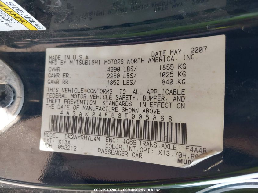 2008 Mitsubishi Eclipse Gs VIN: 4A3AK24F68E005868 Lot: 39402087