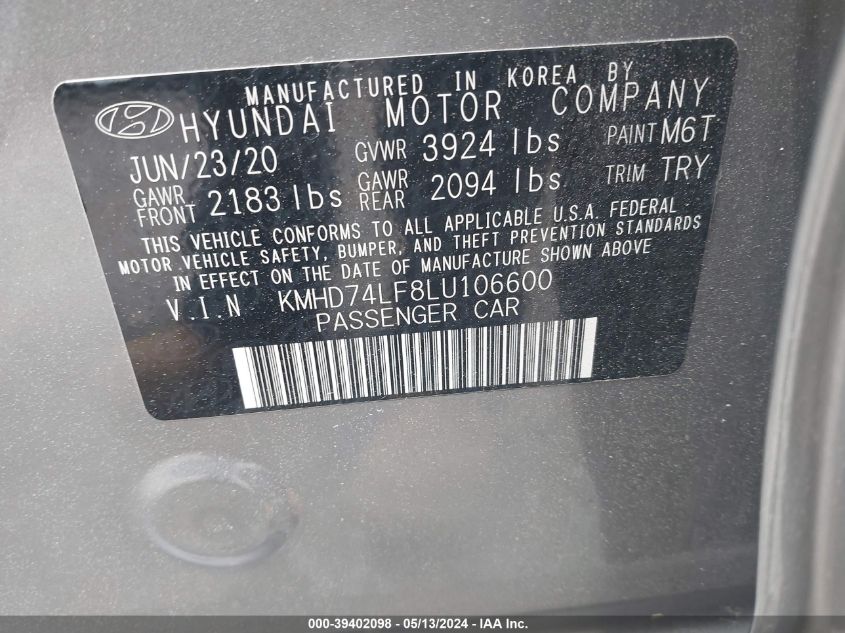 2020 HYUNDAI ELANTRA SE - KMHD74LF8LU106600