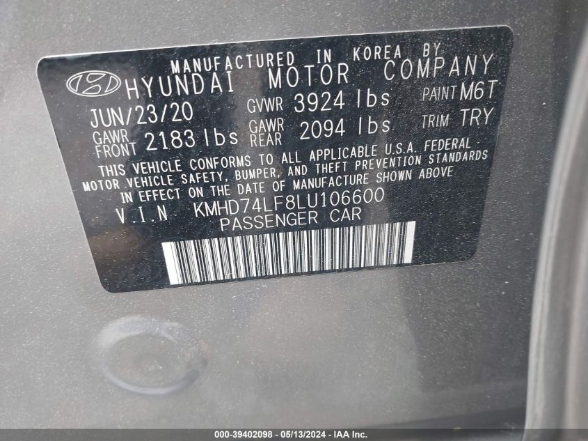 2020 Hyundai Elantra Se VIN: KMHD74LF8LU106600 Lot: 39402098