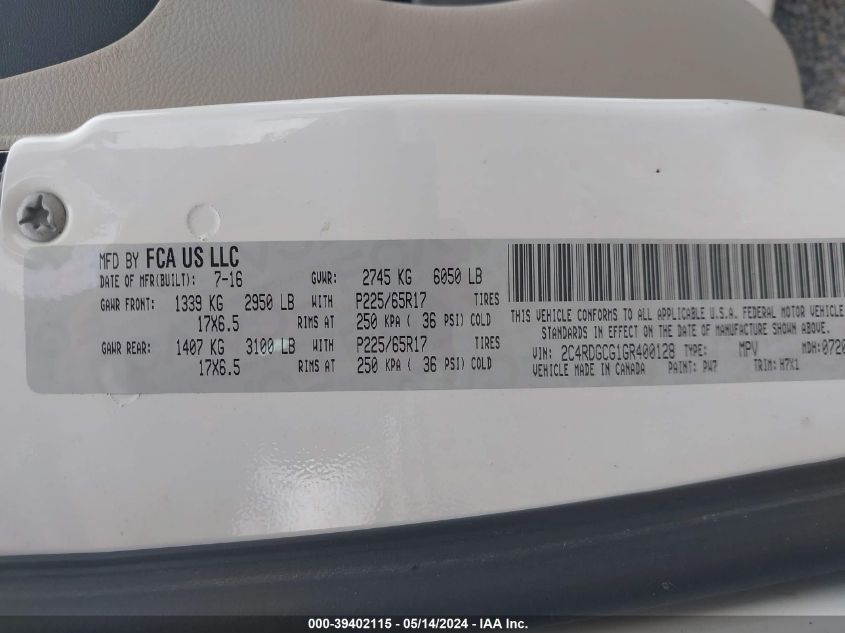 2016 Dodge Grand Caravan Sxt VIN: 2C4RDGCG1GR400128 Lot: 39402115