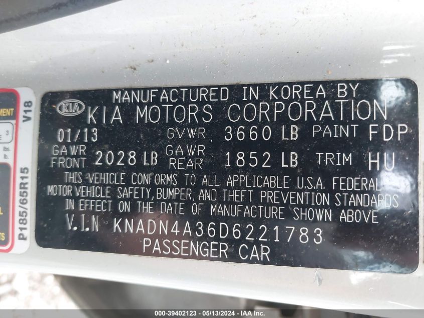 2013 KIA RIO EX - KNADN4A36D6221783