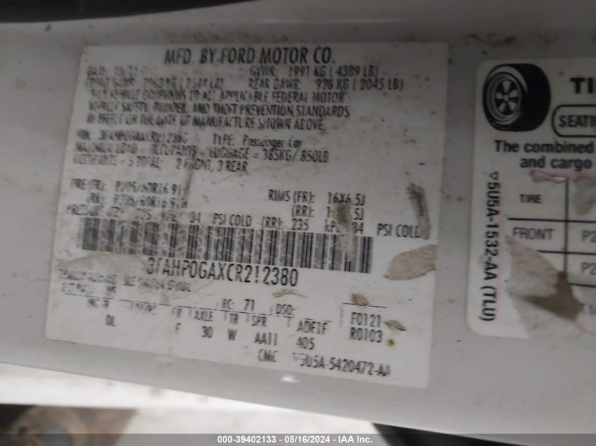 2012 Ford Fusion S VIN: 3FAHP0GAXCR212380 Lot: 39402133