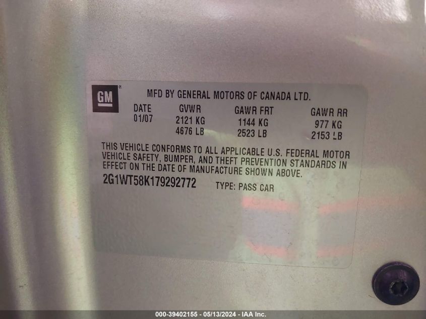 2007 Chevrolet Impala Lt VIN: 2G1WT58K179292772 Lot: 39402155