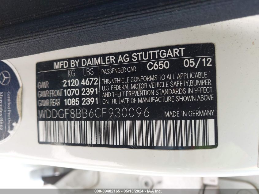 2012 Mercedes-Benz C 300 Luxury 4Matic/Sport 4Matic VIN: WDDGF8BB6CF930096 Lot: 39402165