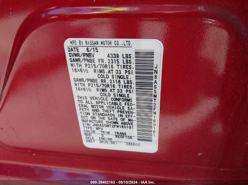 2015 Nissan Rogue Select S VIN: JN8AS5MT2FW160181 Lot: 39402183