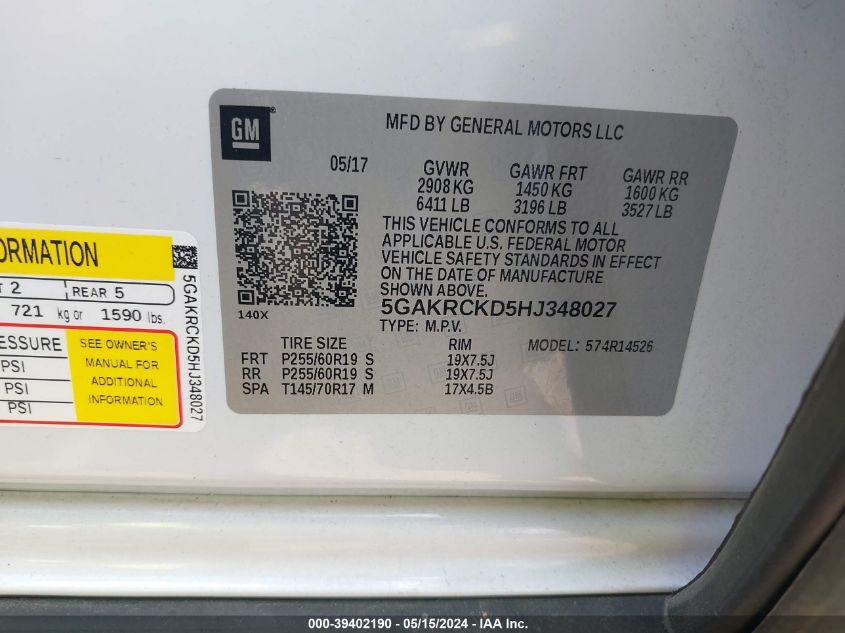 2017 Buick Enclave Premium VIN: 5GAKRCKD5HJ348027 Lot: 39402190