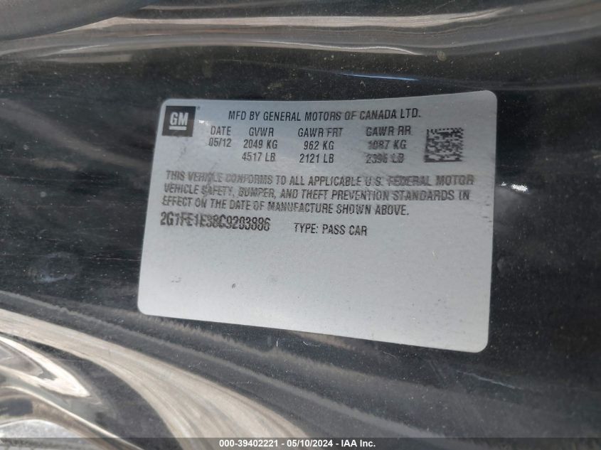 2012 Chevrolet Camaro 1Ls VIN: 2G1FE1E38C9203886 Lot: 39402221