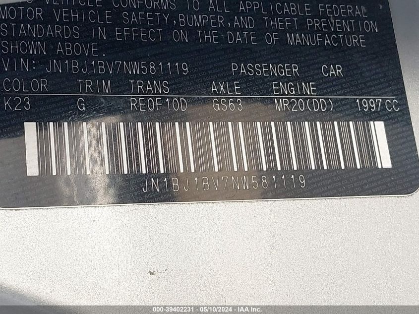 2022 Nissan Rogue Sport Sv Fwd Xtronic Cvt VIN: JN1BJ1BV7NW581119 Lot: 39402231