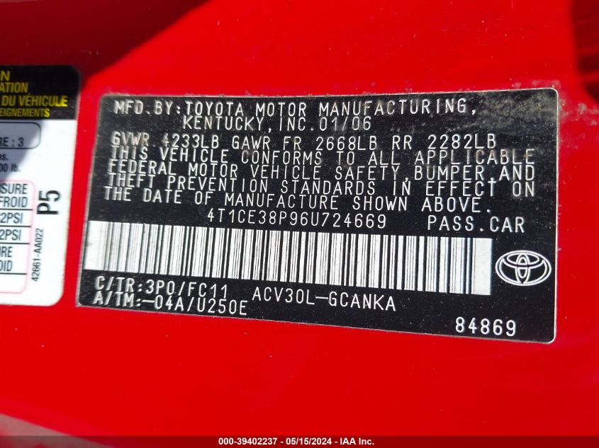 2006 Toyota Camry Solara Se/Sle VIN: 4T1CE38P96U724669 Lot: 39402237