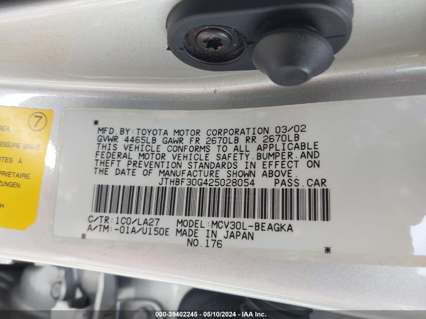 2002 Lexus Es 300 VIN: JTHBF30G425028054 Lot: 39402245