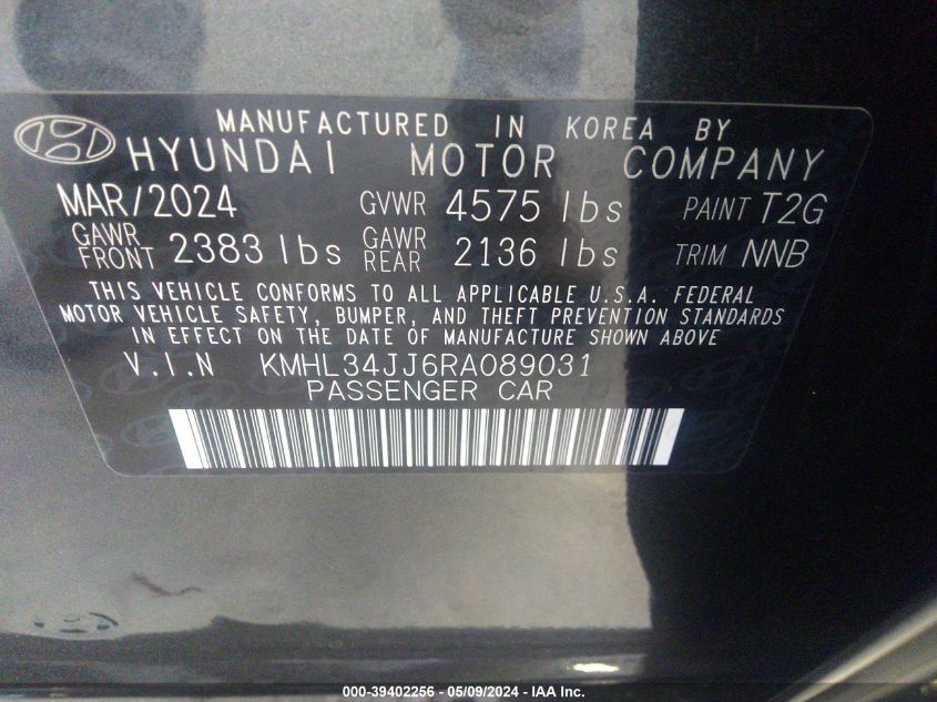 2024 Hyundai Sonata Hybrid Sel VIN: KMHL34JJ6RA089031 Lot: 39402256