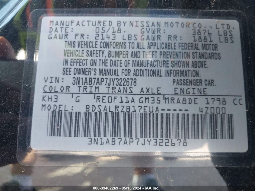 2018 Nissan Sentra Sr VIN: 3N1AB7AP7JY322678 Lot: 39402269