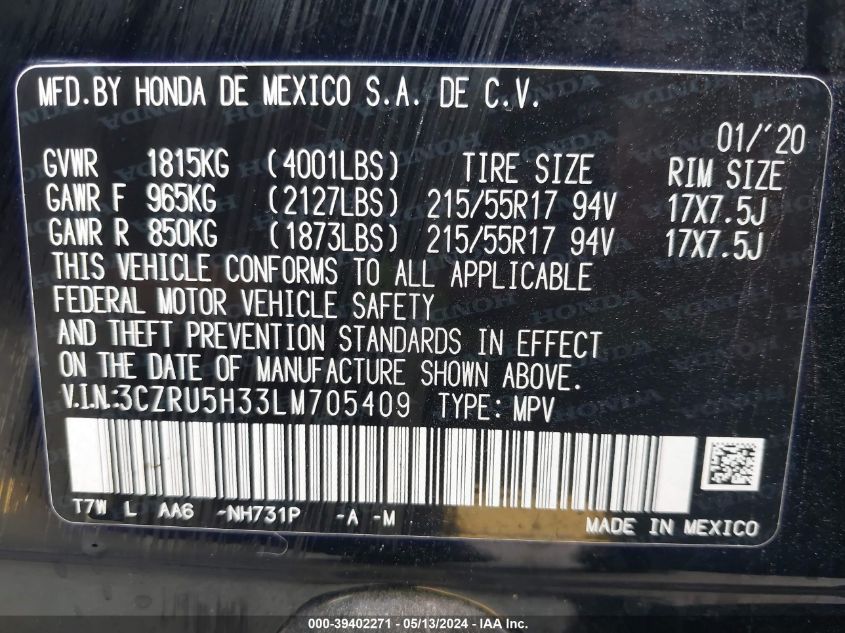 2020 Honda Hr-V 2Wd Lx VIN: 3CZRU5H33LM705409 Lot: 39402271