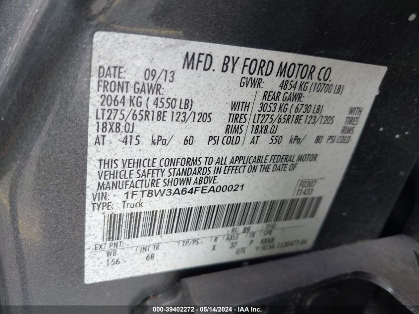 2015 Ford F-350 Lariat VIN: 1FT8W3A64FEA00021 Lot: 39402272